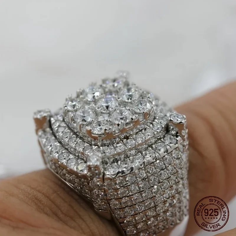 3Ct Men's 925 Sterling Silver Cluster Engagement Ring Luxury Platinum Plated Square Icy Out Hip Hop Rock Rings Jewelry