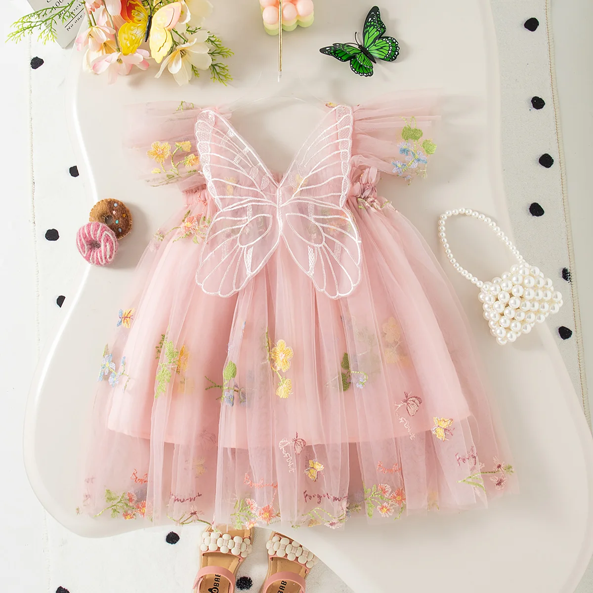Summer New Floral Embroidery Chiffon Baby Girl Princess Dress, Cute Butterfly Wing Children'S Clothing (9 Months - 4 Years Old)