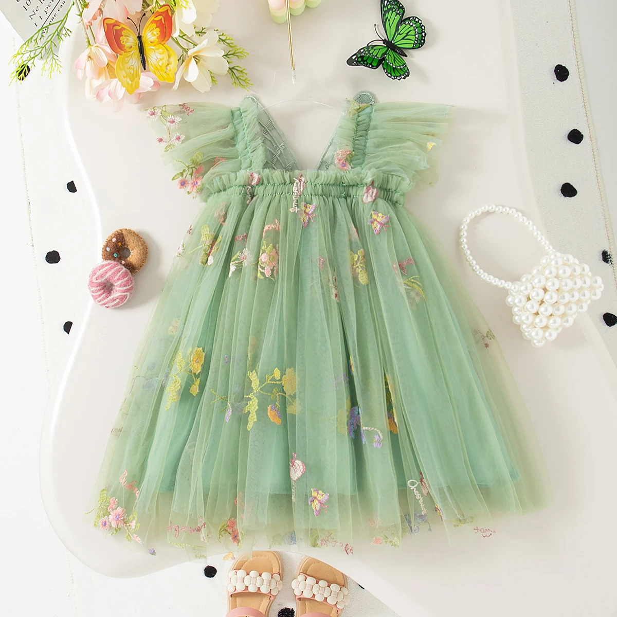 Summer New Floral Embroidery Chiffon Baby Girl Princess Dress, Cute Butterfly Wing Children'S Clothing (9 Months - 4 Years Old)
