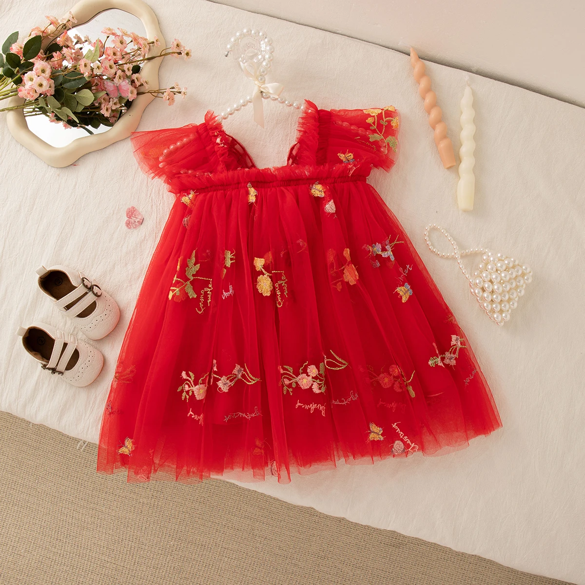 Summer New Floral Embroidery Chiffon Baby Girl Princess Dress, Cute Butterfly Wing Children'S Clothing (9 Months - 4 Years Old)
