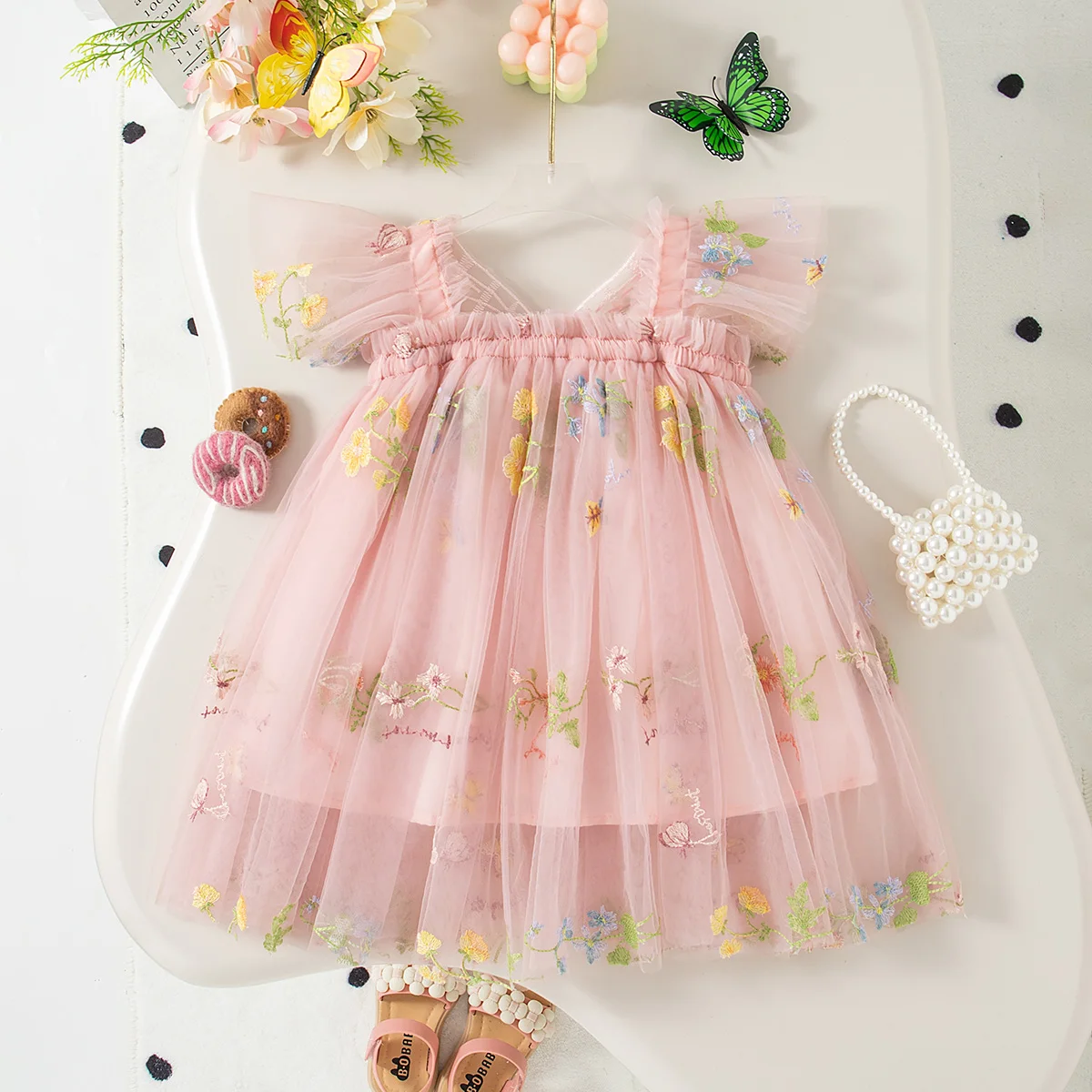 Summer New Floral Embroidery Chiffon Baby Girl Princess Dress, Cute Butterfly Wing Children'S Clothing (9 Months - 4 Years Old)