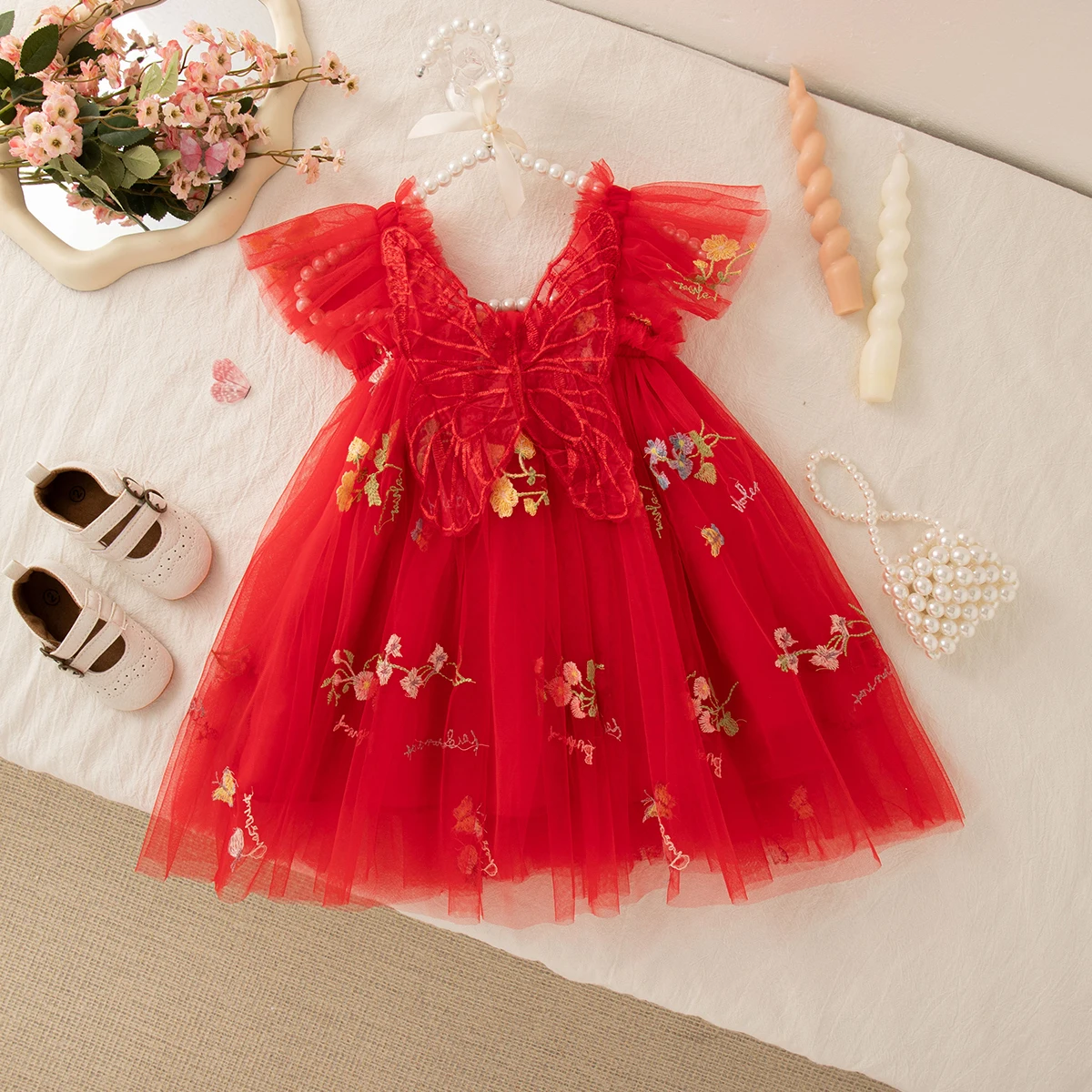 Summer New Floral Embroidery Chiffon Baby Girl Princess Dress, Cute Butterfly Wing Children'S Clothing (9 Months - 4 Years Old)