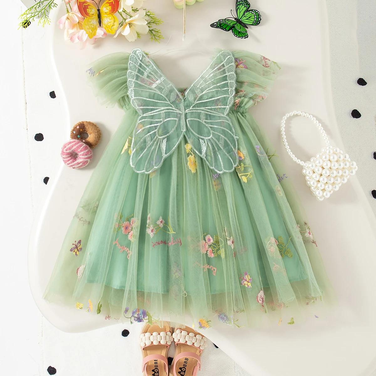 Summer New Floral Embroidery Chiffon Baby Girl Princess Dress, Cute Butterfly Wing Children'S Clothing (9 Months - 4 Years Old)