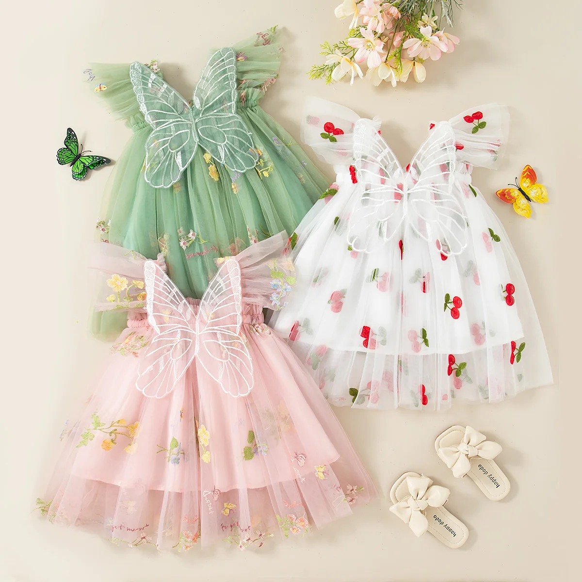 Summer New Floral Embroidery Chiffon Baby Girl Princess Dress, Cute Butterfly Wing Children'S Clothing (9 Months - 4 Years Old)