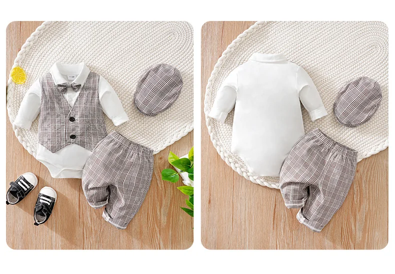 Newborn Clothes Checkered Gentleman Soft Boy And Girl Springand Autumn Long Sleeved Baby Triangle Jumpsuit+Pants+Hat 3-Piece Set