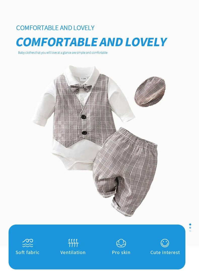 Newborn Clothes Checkered Gentleman Soft Boy And Girl Springand Autumn Long Sleeved Baby Triangle Jumpsuit+Pants+Hat 3-Piece Set