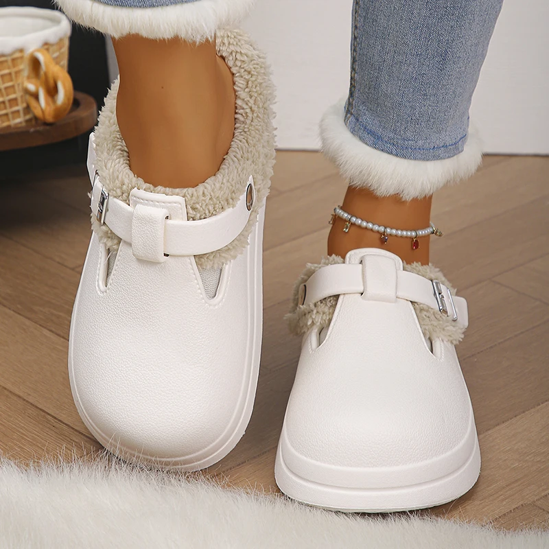 Winter Warm Fluffy Clogs Slippers Women Eva Waterproof Non Slip Home Slides Woman Lightweight Soft Sole Fuzzy Cotton Slippers