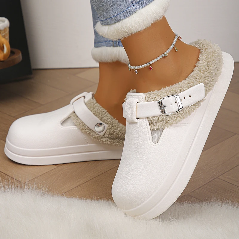 Winter Warm Fluffy Clogs Slippers Women Eva Waterproof Non Slip Home Slides Woman Lightweight Soft Sole Fuzzy Cotton Slippers