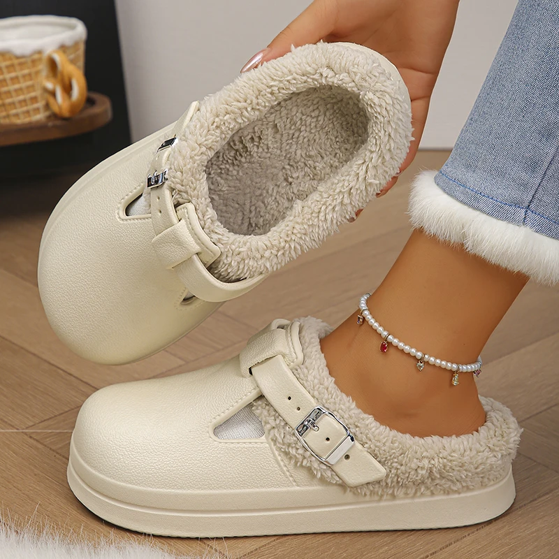 Winter Warm Fluffy Clogs Slippers Women Eva Waterproof Non Slip Home Slides Woman Lightweight Soft Sole Fuzzy Cotton Slippers