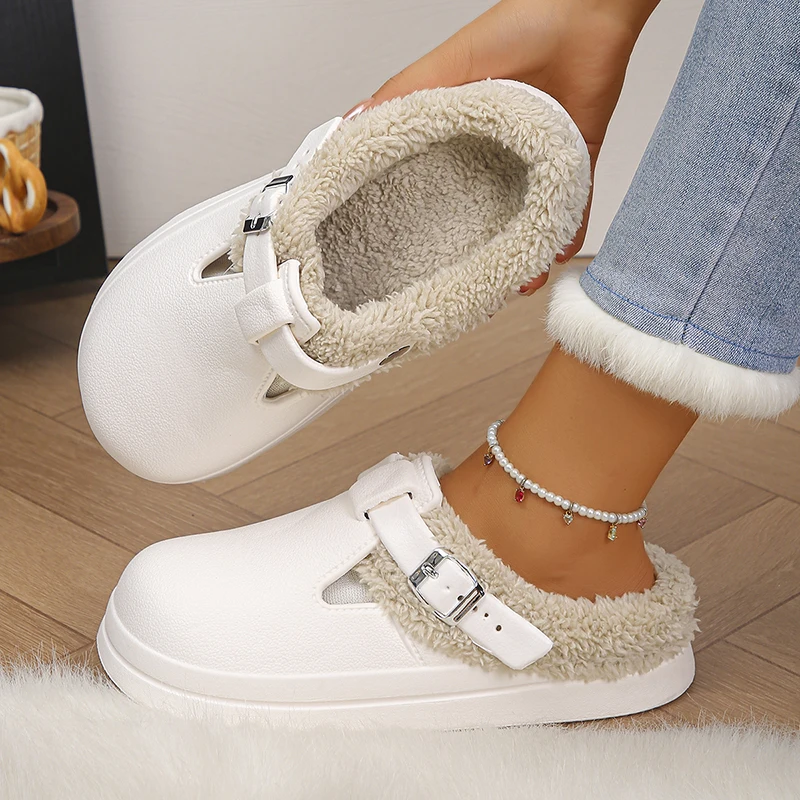 Winter Warm Fluffy Clogs Slippers Women Eva Waterproof Non Slip Home Slides Woman Lightweight Soft Sole Fuzzy Cotton Slippers