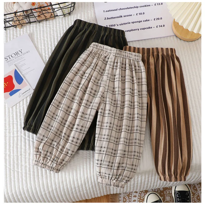 Summer Kids Casual Pants 1-6Y Simple Boys Grid Sweat Pants Korean Loose Thin Children Striped Letter Trousers