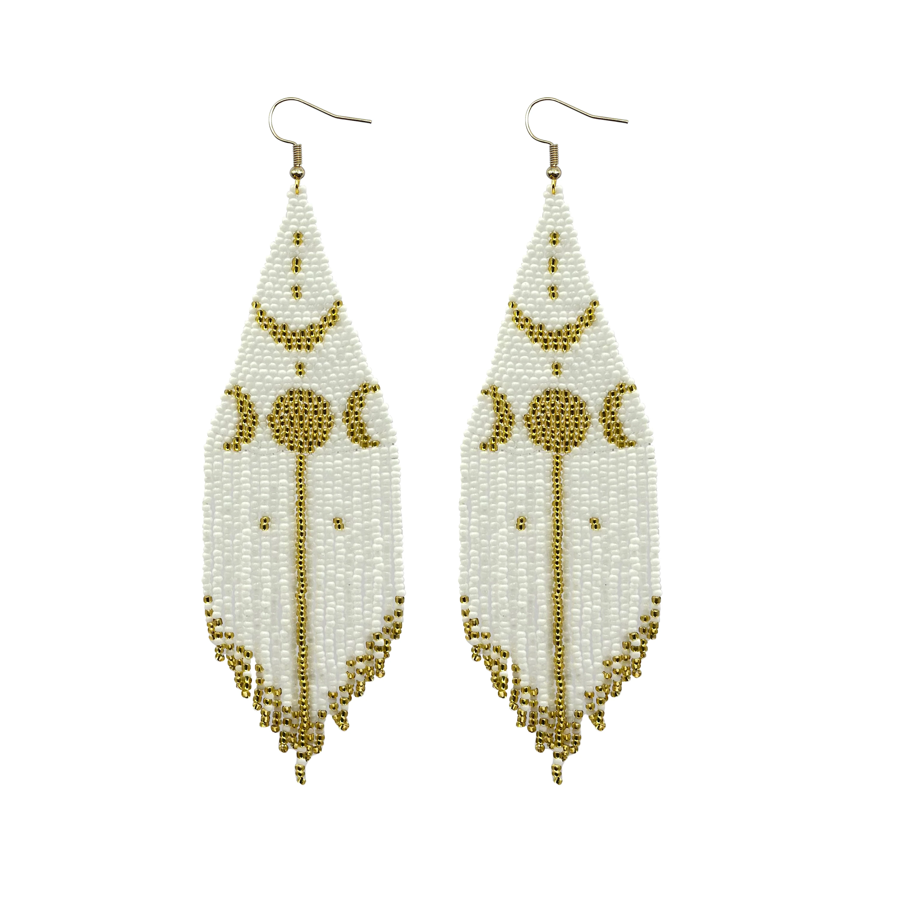 Women's Fashion Dangle Beaded Fringe Earrings Bohemian Style Moon Pattern Seed Beads Hand-Woven Accessories for Everyday Wear