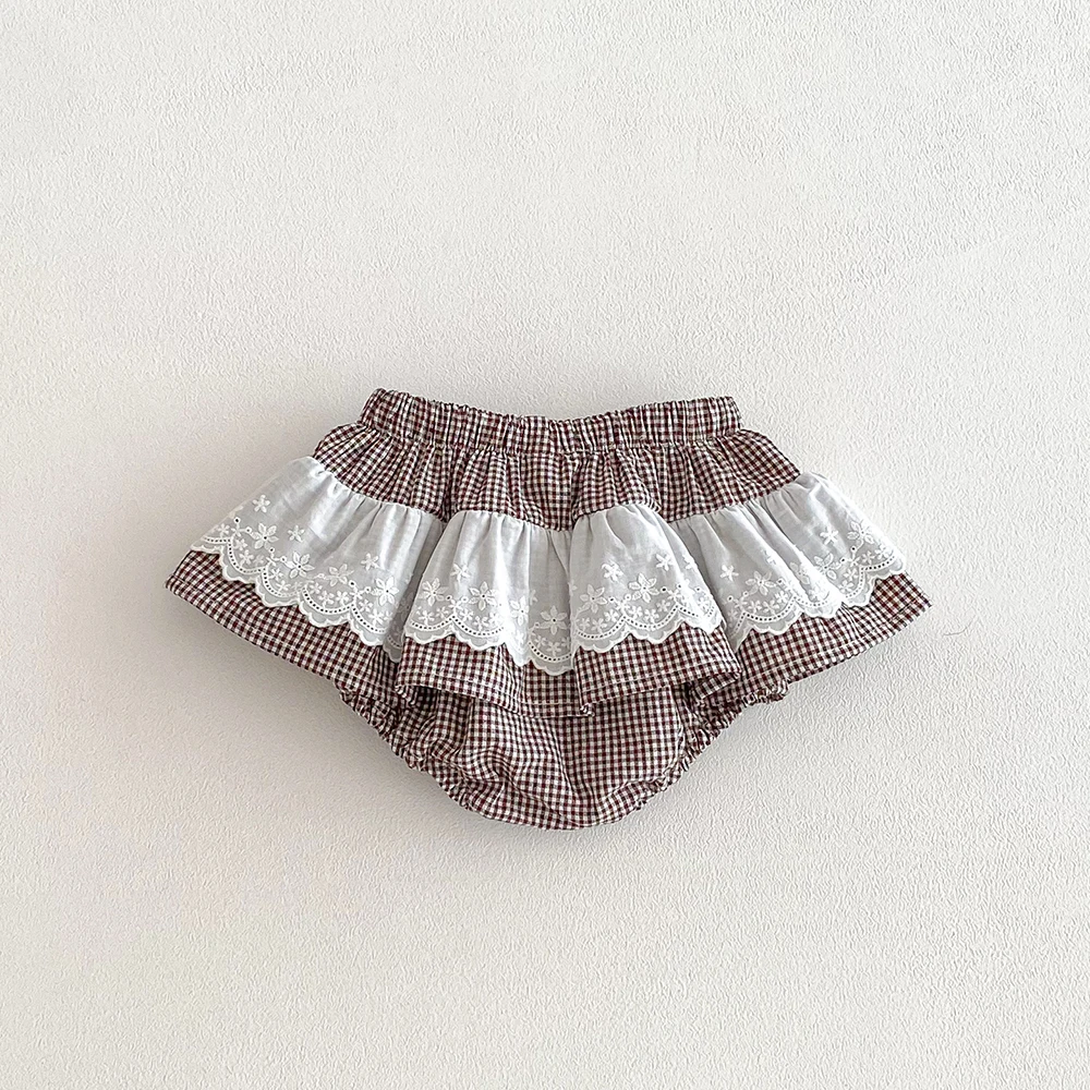 Baby Girls Plaid Skirt Shorts Kids Ruffles Lace Embroidery Pettiskirt Toddler Tutu Skirt Infant Bloomers PP Shorts 0-3t