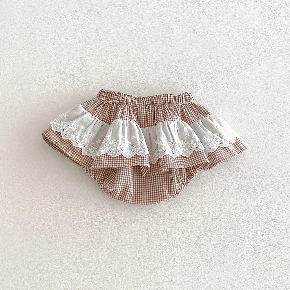 Baby Girls Plaid Skirt Shorts Kids Ruffles Lace Embroidery Pettiskirt Toddler Tutu Skirt Infant Bloomers PP Shorts 0-3t