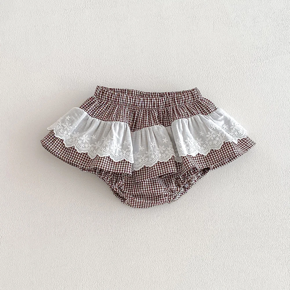 Baby Girls Plaid Skirt Shorts Kids Ruffles Lace Embroidery Pettiskirt Toddler Tutu Skirt Infant Bloomers PP Shorts 0-3t