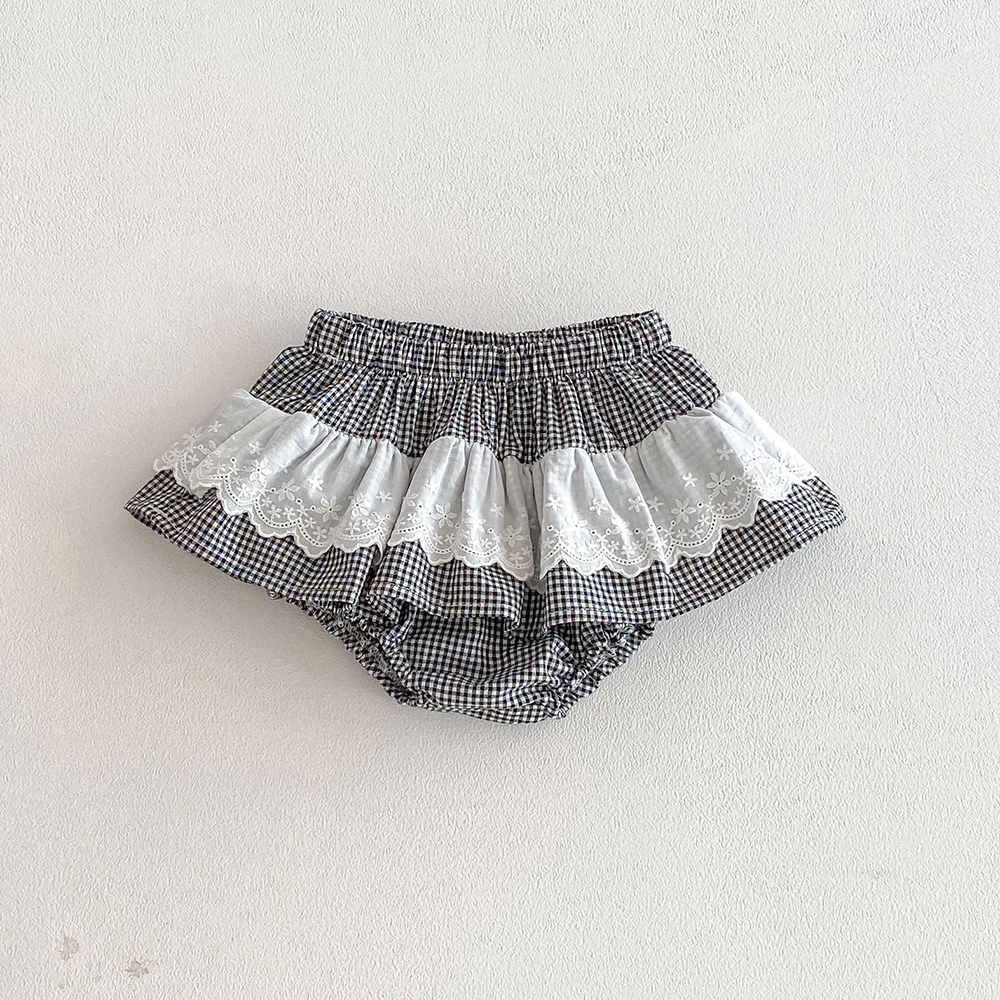 Baby Girls Plaid Skirt Shorts Kids Ruffles Lace Embroidery Pettiskirt Toddler Tutu Skirt Infant Bloomers PP Shorts 0-3t