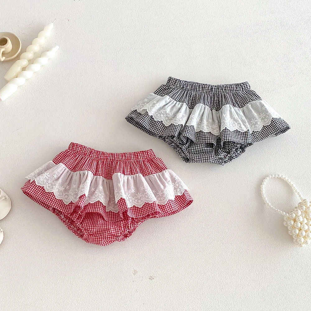 Baby Girls Plaid Skirt Shorts Kids Ruffles Lace Embroidery Pettiskirt Toddler Tutu Skirt Infant Bloomers PP Shorts 0-3t