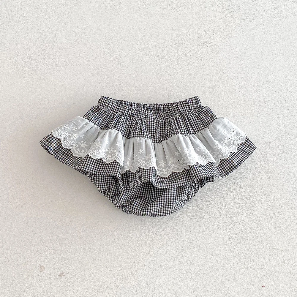 Baby Girls Plaid Skirt Shorts Kids Ruffles Lace Embroidery Pettiskirt Toddler Tutu Skirt Infant Bloomers PP Shorts 0-3t