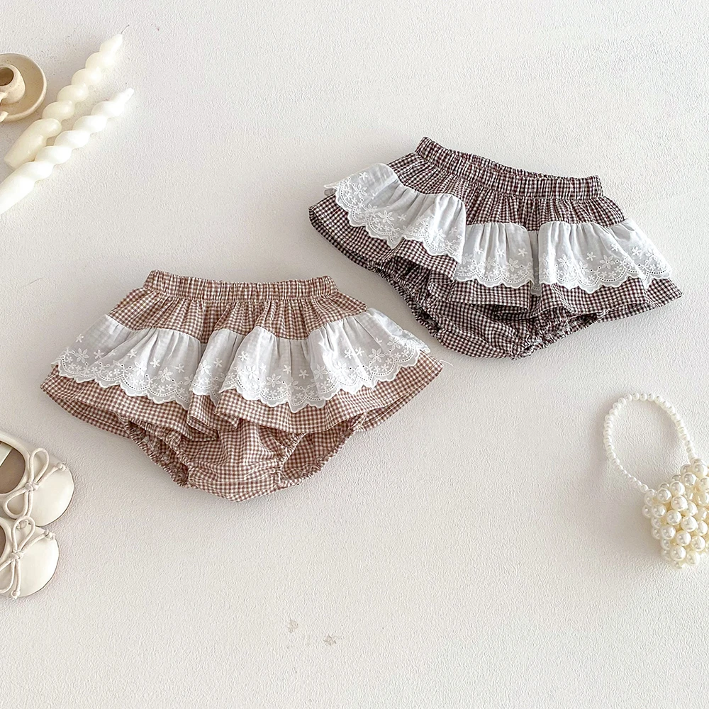 Baby Girls Plaid Skirt Shorts Kids Ruffles Lace Embroidery Pettiskirt Toddler Tutu Skirt Infant Bloomers PP Shorts 0-3t