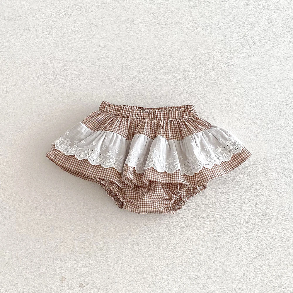 Baby Girls Plaid Skirt Shorts Kids Ruffles Lace Embroidery Pettiskirt Toddler Tutu Skirt Infant Bloomers PP Shorts 0-3t