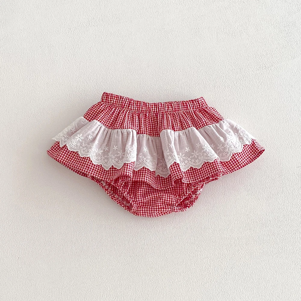 Baby Girls Plaid Skirt Shorts Kids Ruffles Lace Embroidery Pettiskirt Toddler Tutu Skirt Infant Bloomers PP Shorts 0-3t