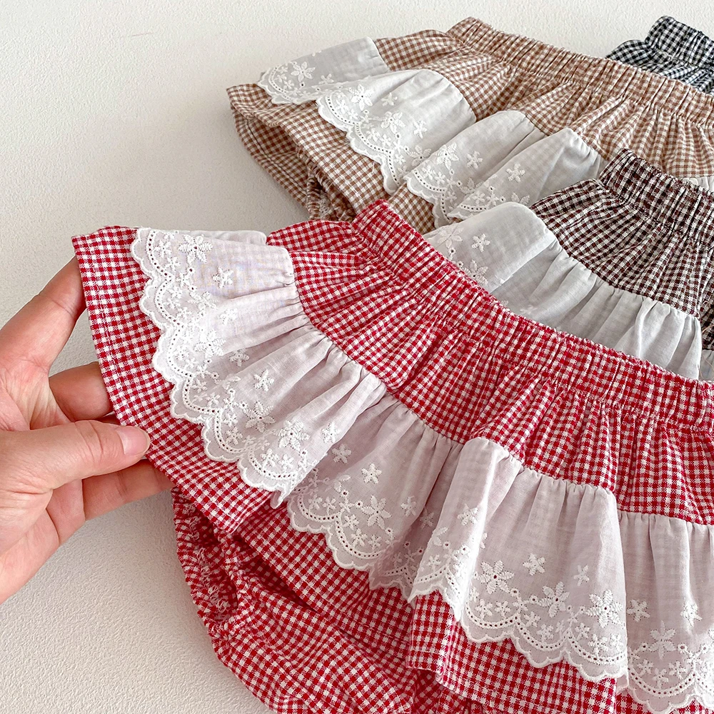 Baby Girls Plaid Skirt Shorts Kids Ruffles Lace Embroidery Pettiskirt Toddler Tutu Skirt Infant Bloomers PP Shorts 0-3t