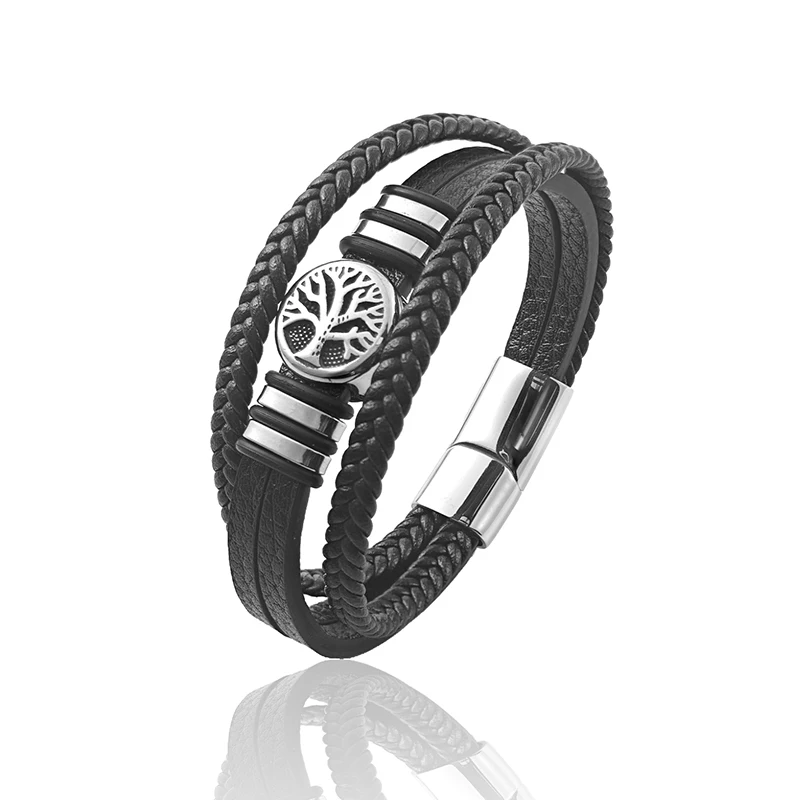 New Design Tree of Life Men's Leather Bracelet Stainless Steel Irregular Accessories Punk Bangles Charm Jewelry Gift