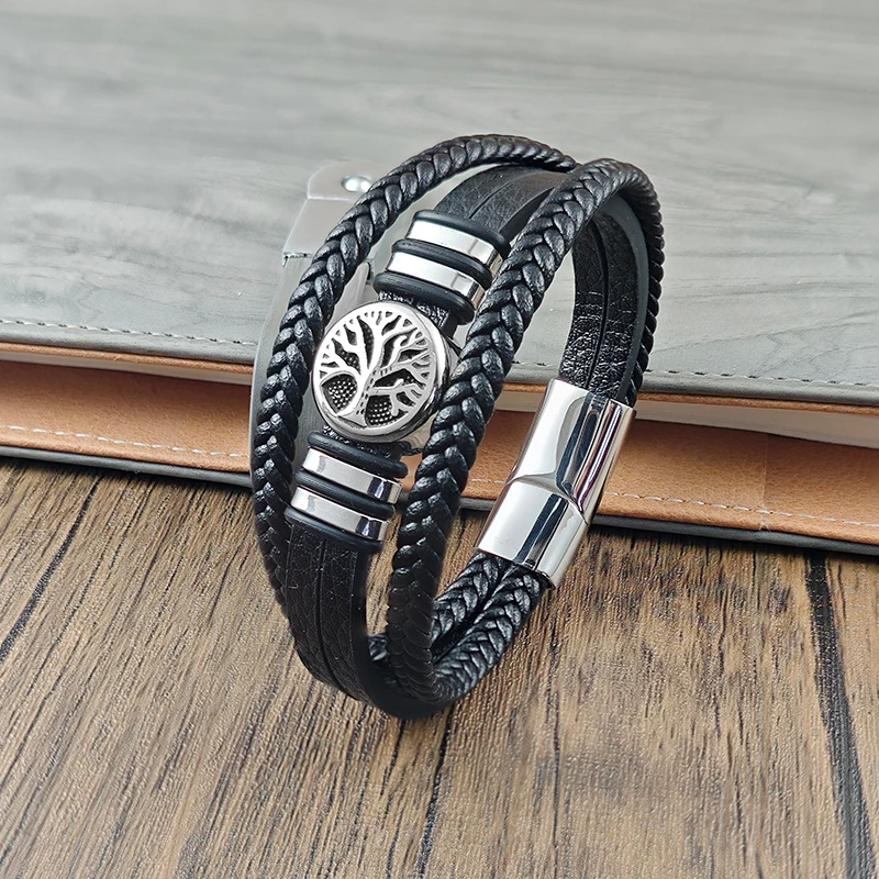 New Design Tree of Life Men's Leather Bracelet Stainless Steel Irregular Accessories Punk Bangles Charm Jewelry Gift