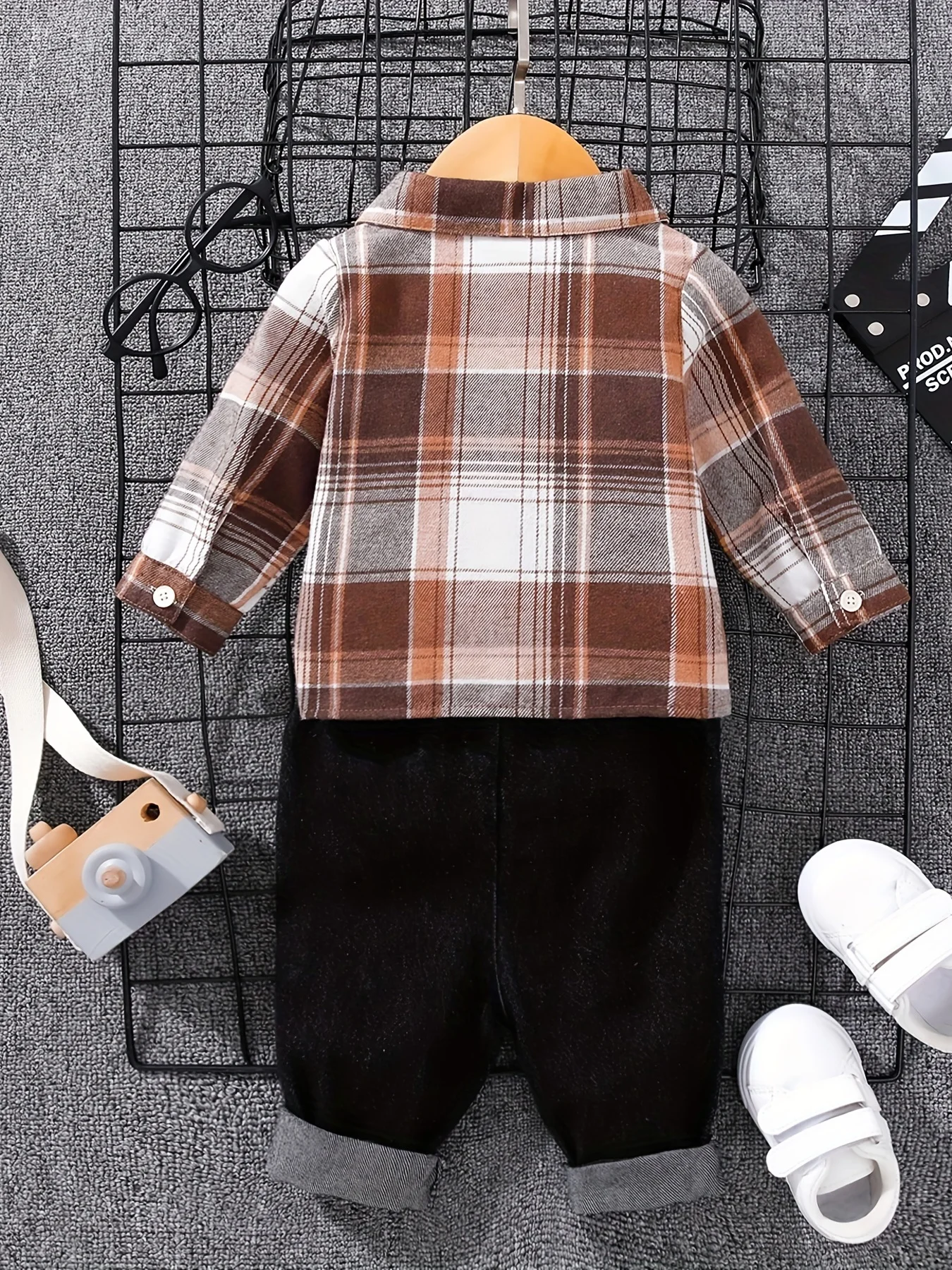 Boys' Spring Autumn Tartan Polo Shirt +-denim Long Trousers Two-piece Casual Outfit Boys Tweed Check Shirt