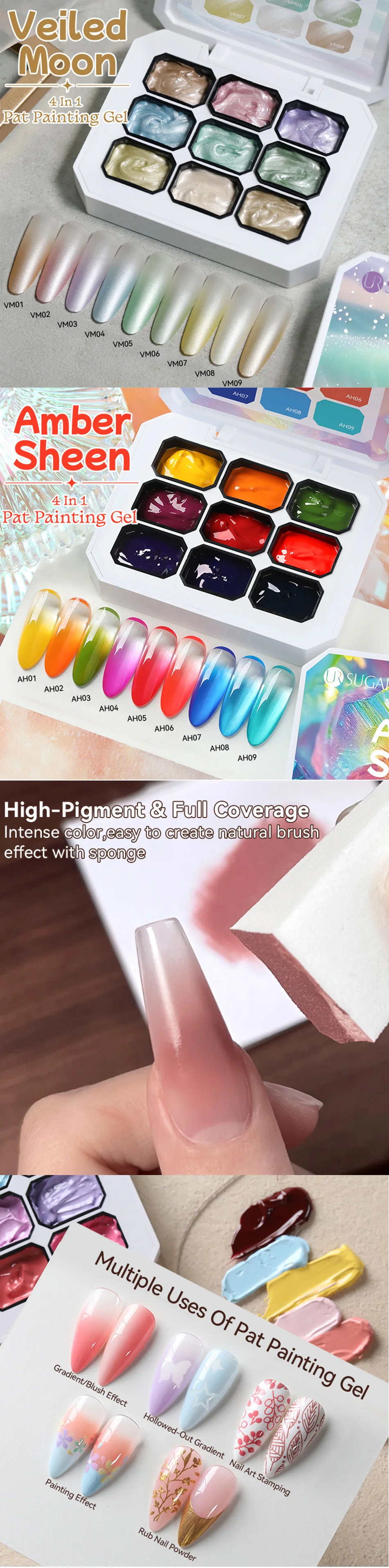 UR SUGAR 4 In 1 Pat Painting Gel Nail Polish Set 9 Colors Semi Permanent Soak Off UV LED Nails With Sponge Gradient For Nail DIY