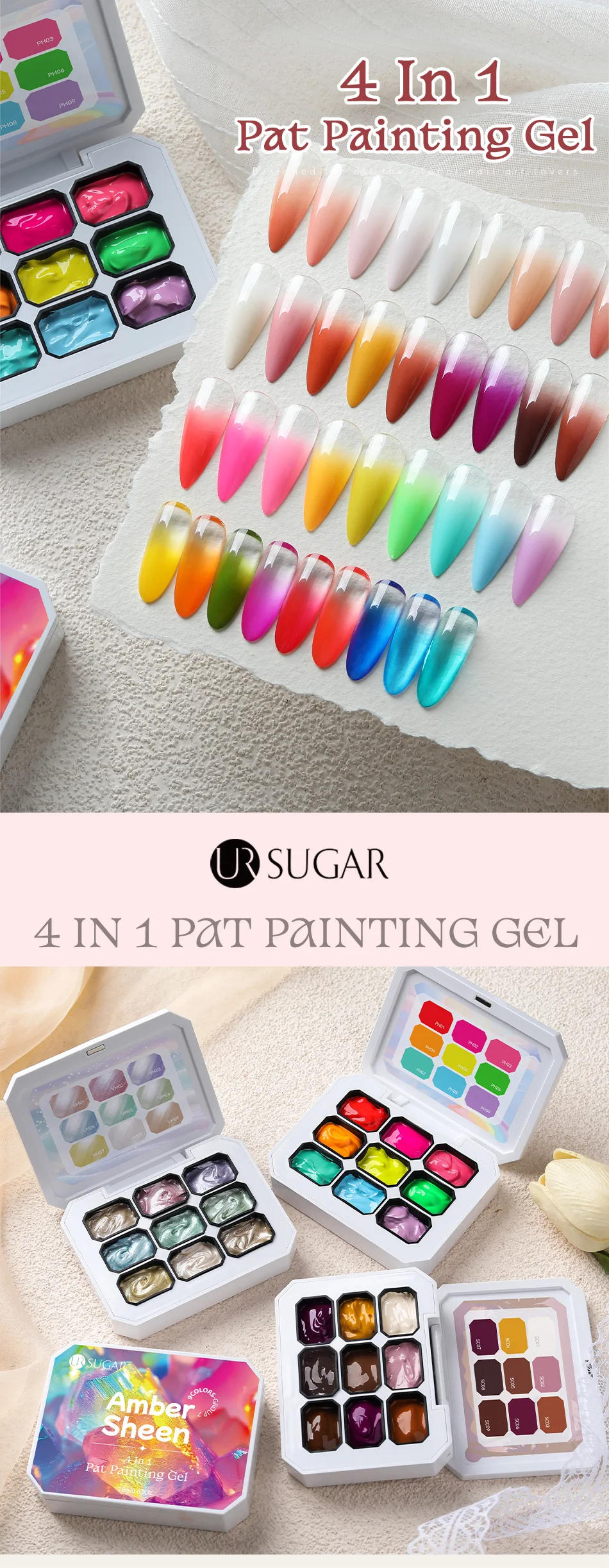 UR SUGAR 4 In 1 Pat Painting Gel Nail Polish Set 9 Colors Semi Permanent Soak Off UV LED Nails With Sponge Gradient For Nail DIY