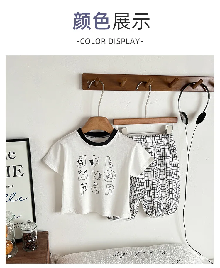 Kids' Plaid 2pcs Summer Outfit Boys' Graphic Letter T-Shirt Girls' Shorts Set Korean-Style Casual Matching Clothes for Toddlers