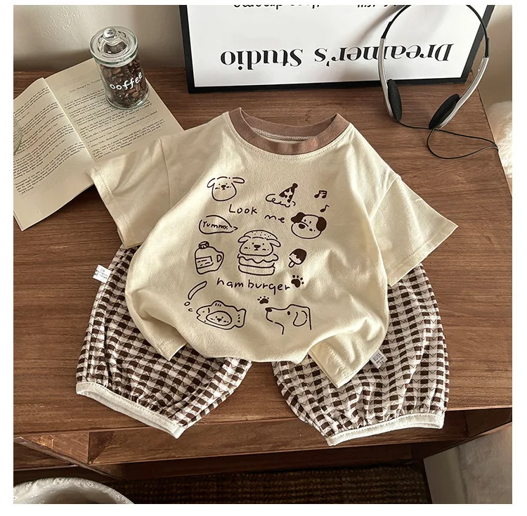 Kids' Plaid 2pcs Summer Outfit Boys' Graphic Letter T-Shirt Girls' Shorts Set Korean-Style Casual Matching Clothes for Toddlers