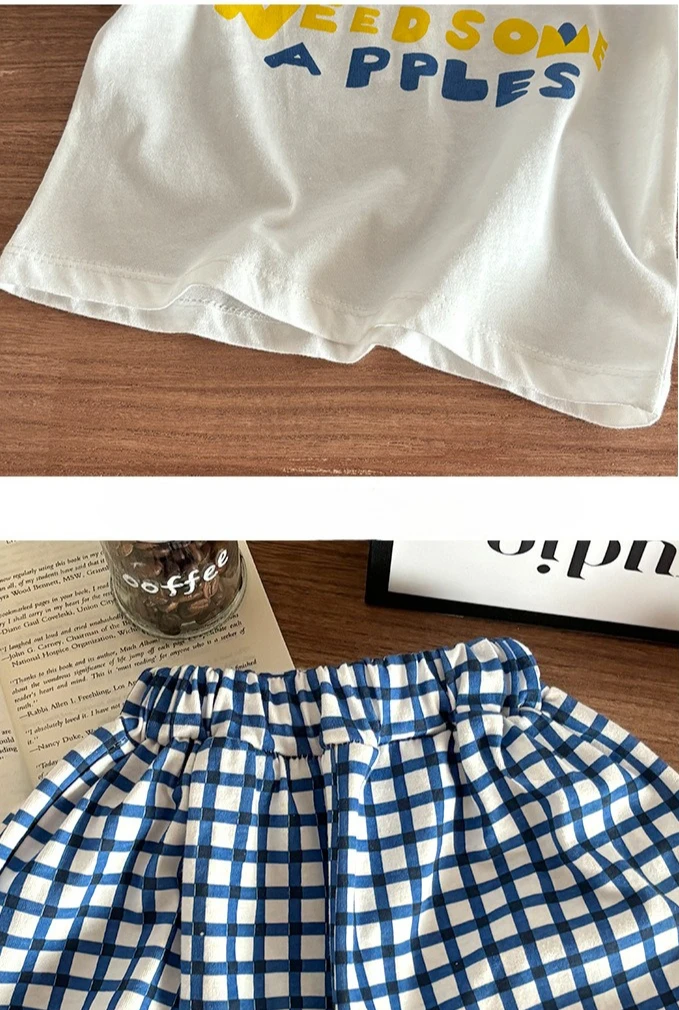Kids' Plaid 2pcs Summer Outfit Boys' Graphic Letter T-Shirt Girls' Shorts Set Korean-Style Casual Matching Clothes for Toddlers