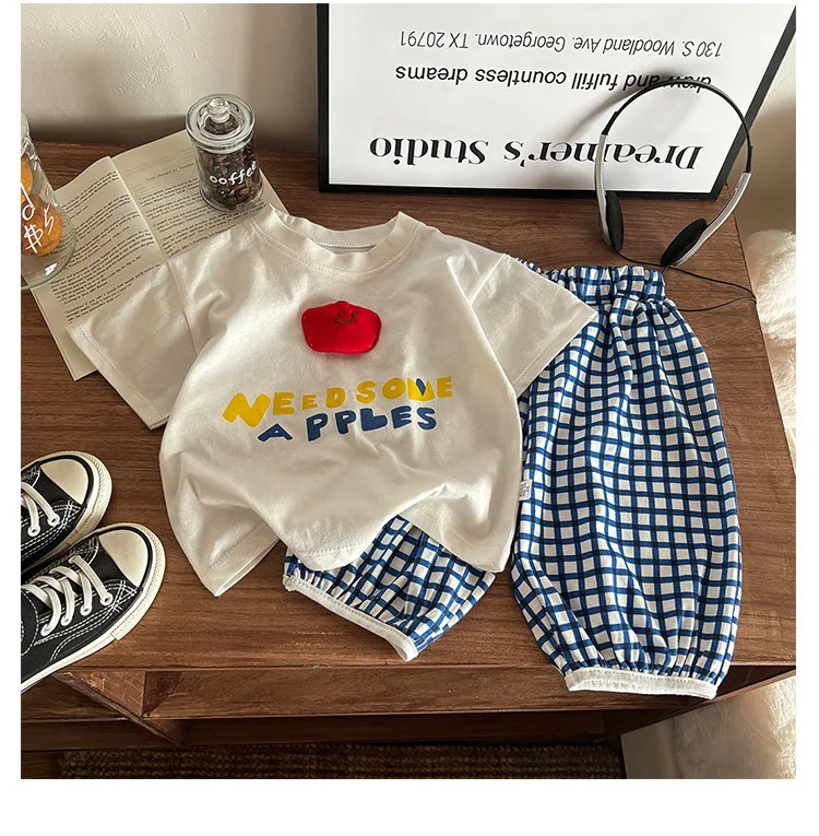 Kids' Plaid 2pcs Summer Outfit Boys' Graphic Letter T-Shirt Girls' Shorts Set Korean-Style Casual Matching Clothes for Toddlers