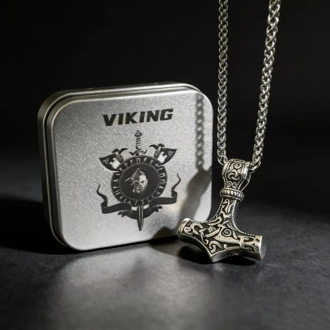 316L Stainless Steel Nordic Odin Viking Rune Pendant Chain Necklace For Men Vintage Mjolnir Jewelry Accessory Gift Box