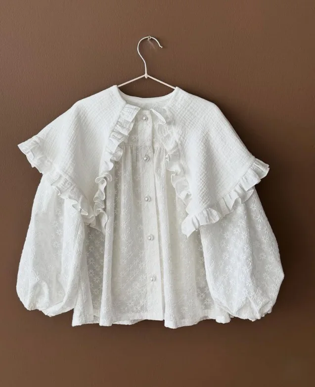 2025 Russian Spring and Autumn Girls Top Cotton Embroidery Spring and Autumn Falling Shoulders Casual Lace Style Doll Shirt