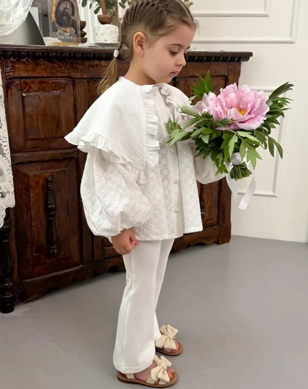 2025 Russian Spring and Autumn Girls Top Cotton Embroidery Spring and Autumn Falling Shoulders Casual Lace Style Doll Shirt