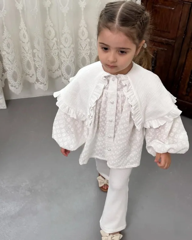 2025 Russian Spring and Autumn Girls Top Cotton Embroidery Spring and Autumn Falling Shoulders Casual Lace Style Doll Shirt