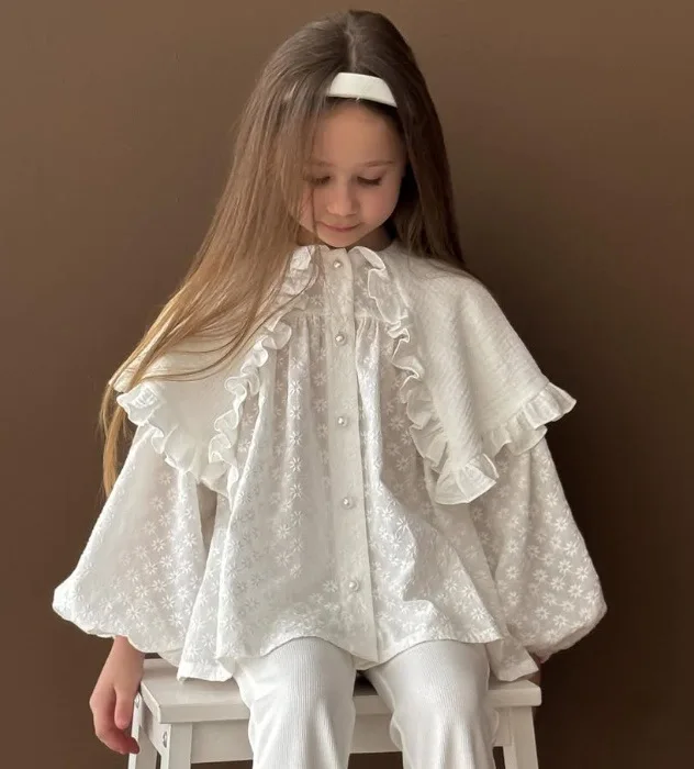 2025 Russian Spring and Autumn Girls Top Cotton Embroidery Spring and Autumn Falling Shoulders Casual Lace Style Doll Shirt