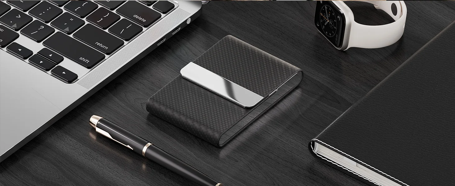 Business Card Holder PU Leather & Stainless Steel Business Card Case for Men Women Slim Name Cards Holder RFID Magnetic Closure