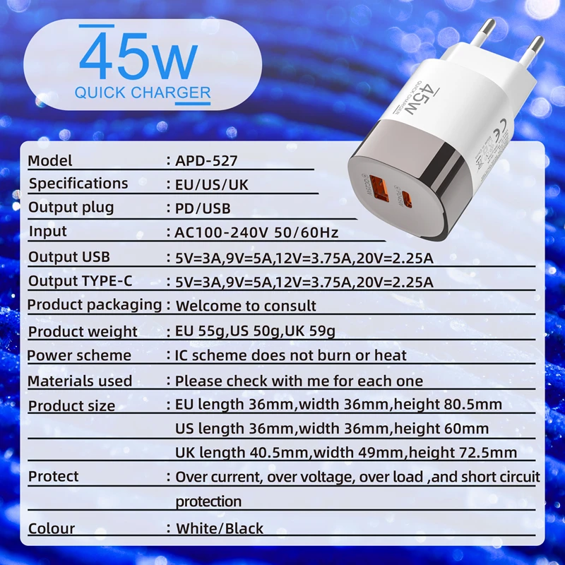 Lenovo Multi-Port 45W A+C Charger QC3.0 Fast Charging Adapter PD20Q 5V/2A Portable Power Adapter EU/US/UK Plug For iPhone iPad