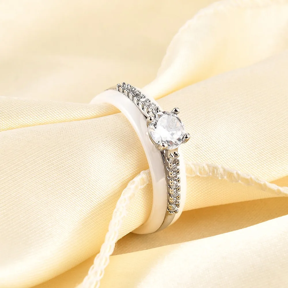 New Hot 6mm Black and White Ceramics Ring For Women Fashion Micro Inlaid Zircon Wedding Couple Rings Aesthetic Jewelry Gift