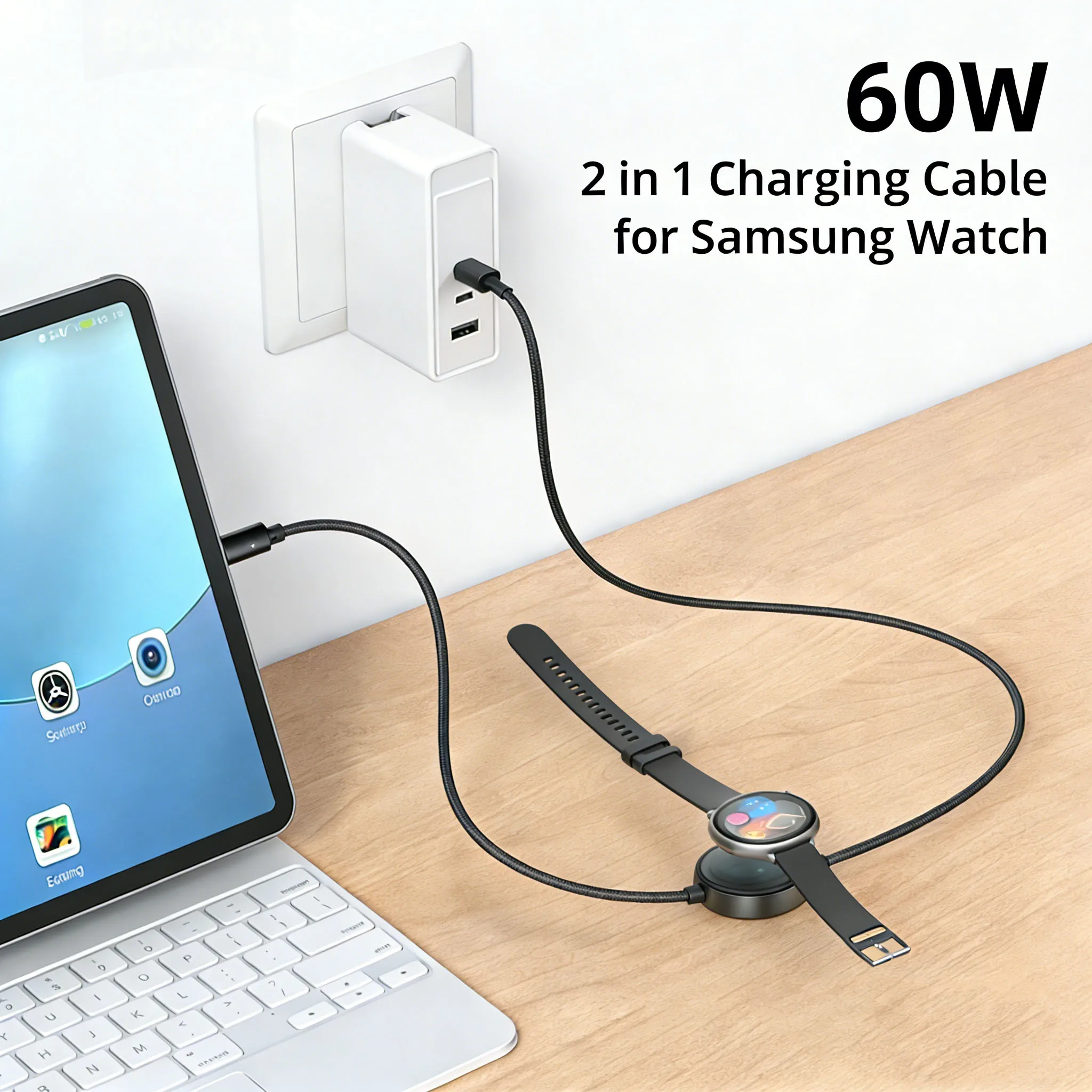 Bonola 2 in 1 For Galaxy Watch Ultra/8 Charger 60w Fast Charging for Samsung S26 Ultra/S25/S24/S23 Magnetic Watch Charger Cable