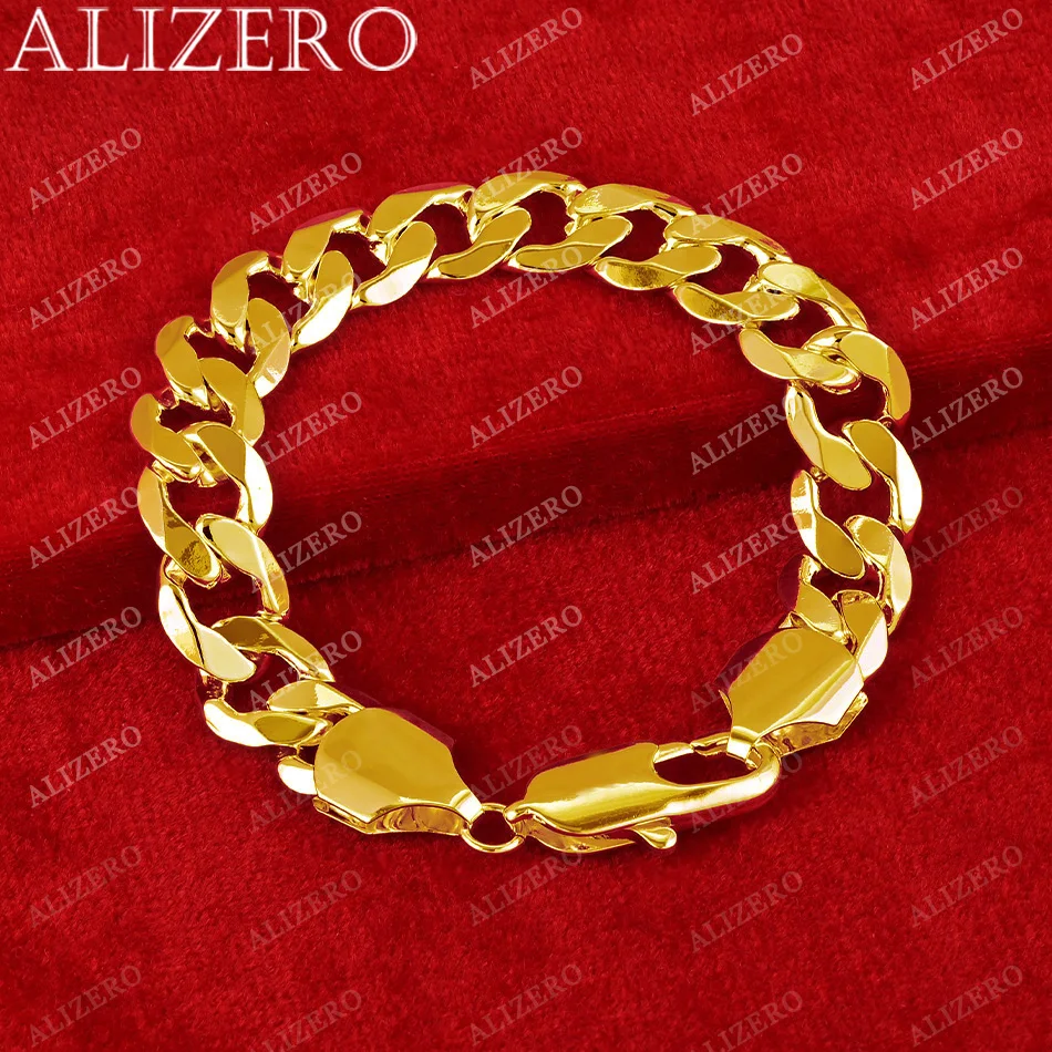 ALIZERO 925 Sterling Silver Plated 18K Gold 12MM Cuban Chain Bracelet For Men Women Fashion Noble Accessories Charm Jewelry