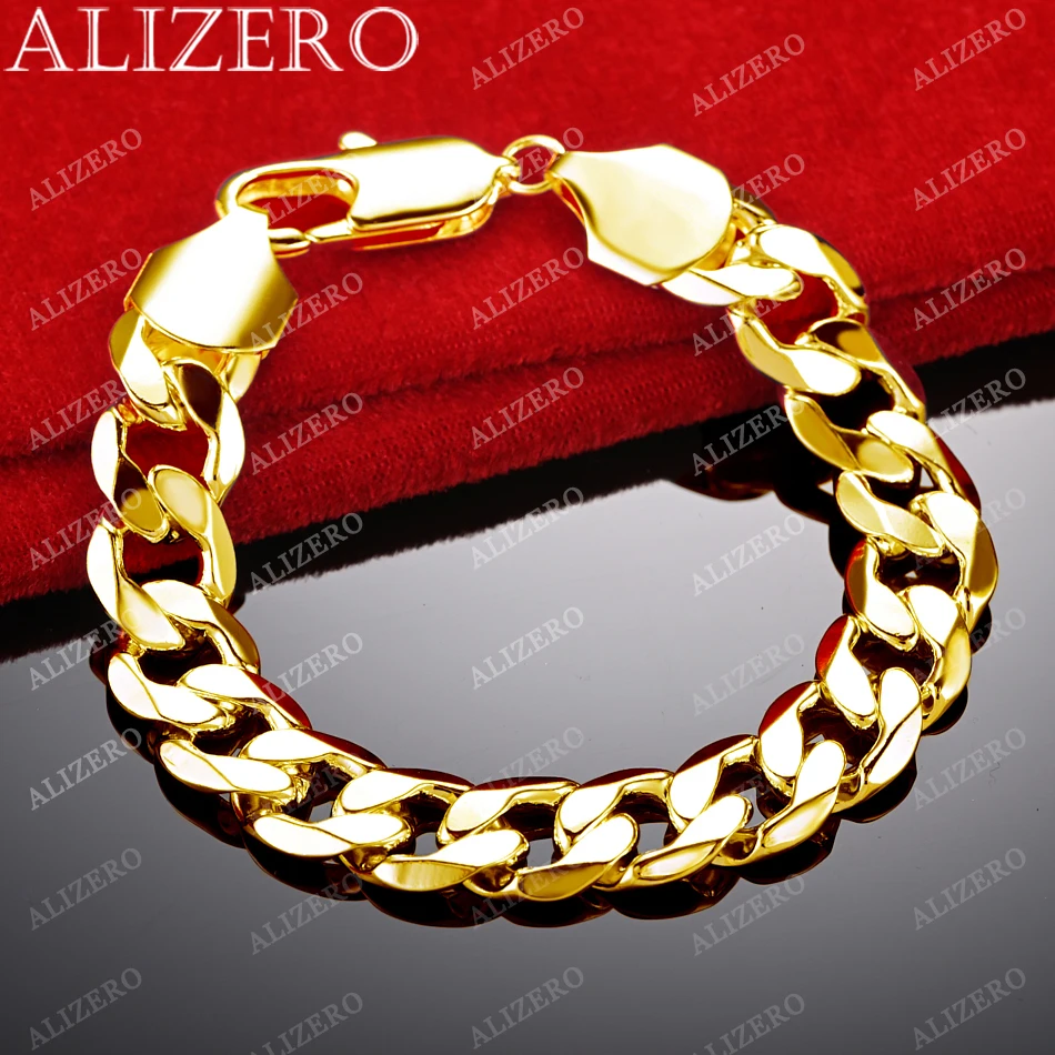 ALIZERO 925 Sterling Silver Plated 18K Gold 12MM Cuban Chain Bracelet For Men Women Fashion Noble Accessories Charm Jewelry