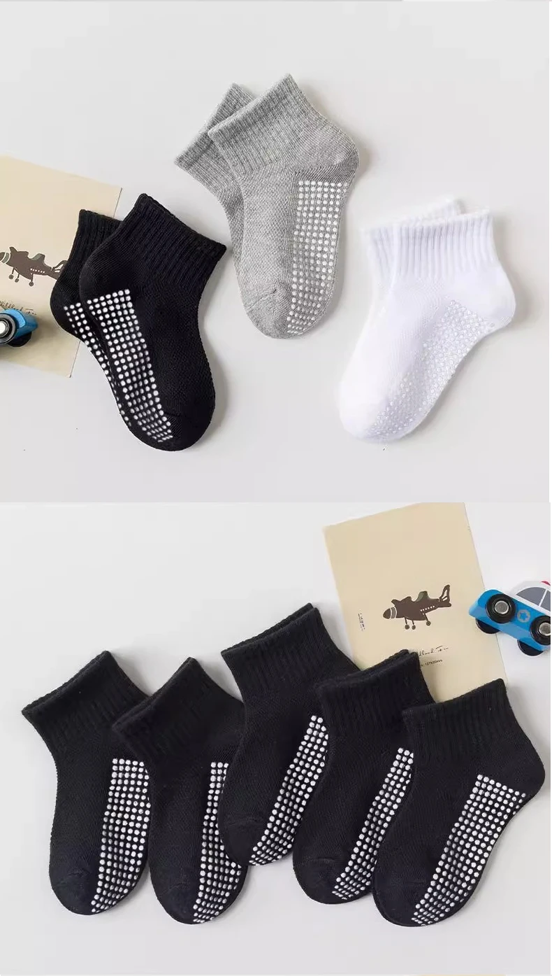 10pairs of solid color children's socks, boys' mesh adhesive style, spring and summer sweat absorbing classic black and white gr