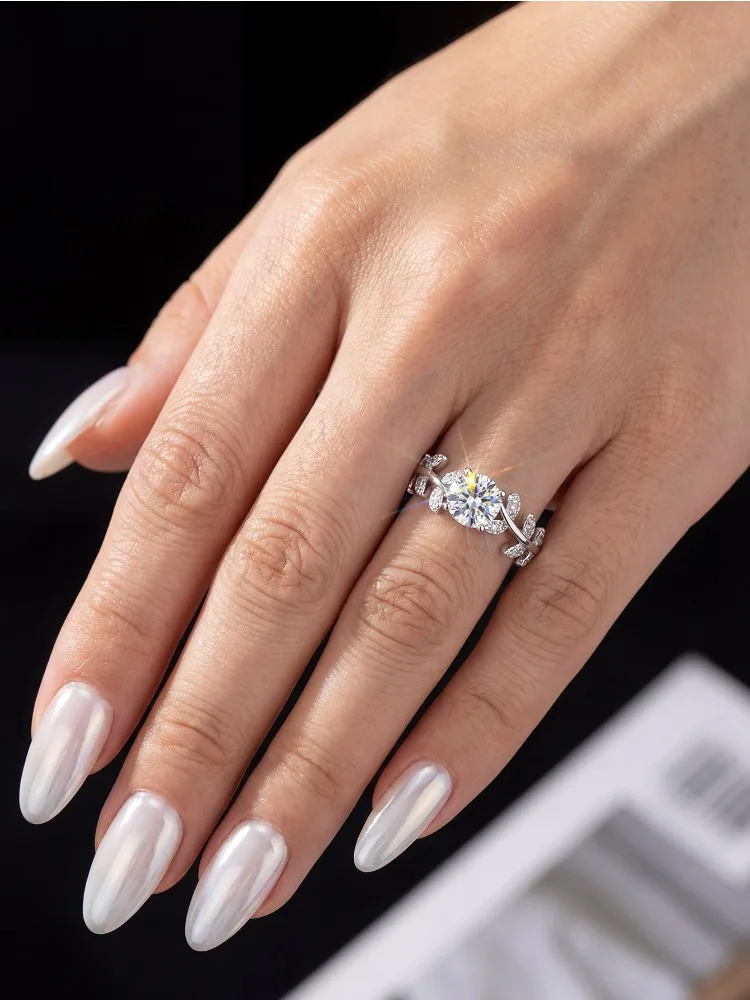 Luxury 1CT Certified Moissanite Diamond Leaf Round Ring for Women's Daily Anniversary 925 Sterling Silver Fine Jewelry