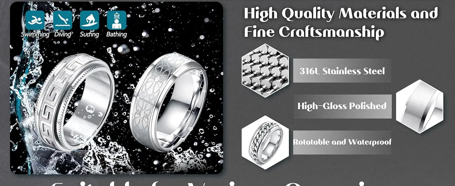 Bobisty 6Pcs Mens Rings 316L Stainless Steel for Men Women Vintage Thumb Engagement Ring Wedding Band Fidget Ring Set Jewel Gift