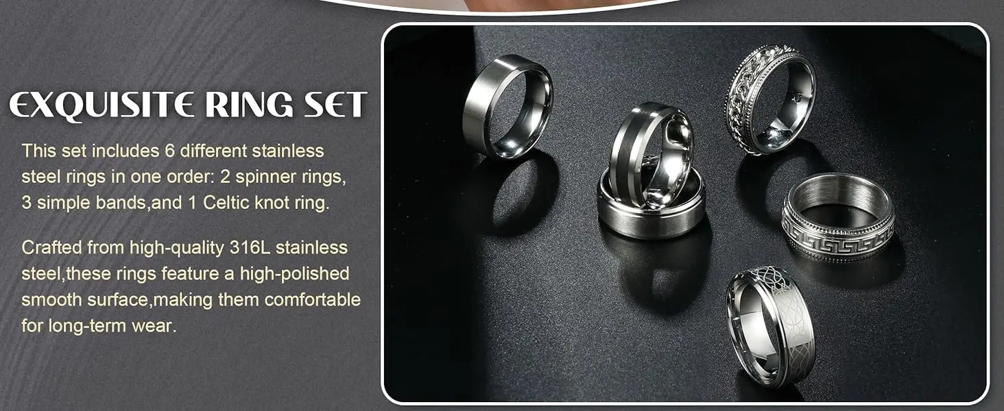 Bobisty 6Pcs Mens Rings 316L Stainless Steel for Men Women Vintage Thumb Engagement Ring Wedding Band Fidget Ring Set Jewel Gift